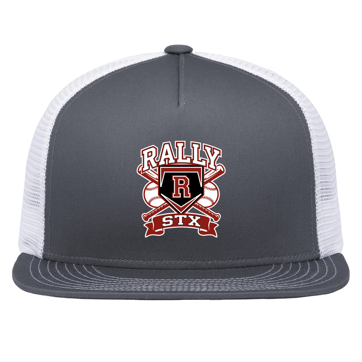 rally-stx-bold-mascot-pacific-headwear-d-series-5-panel-trucker-snapback-cap — Graphite/White — Front — source sha256 8052482a4a87e7e8fcc4f3f8ffec0f0db481be076a2aef301a3e84f456ea6697 — Color position 4