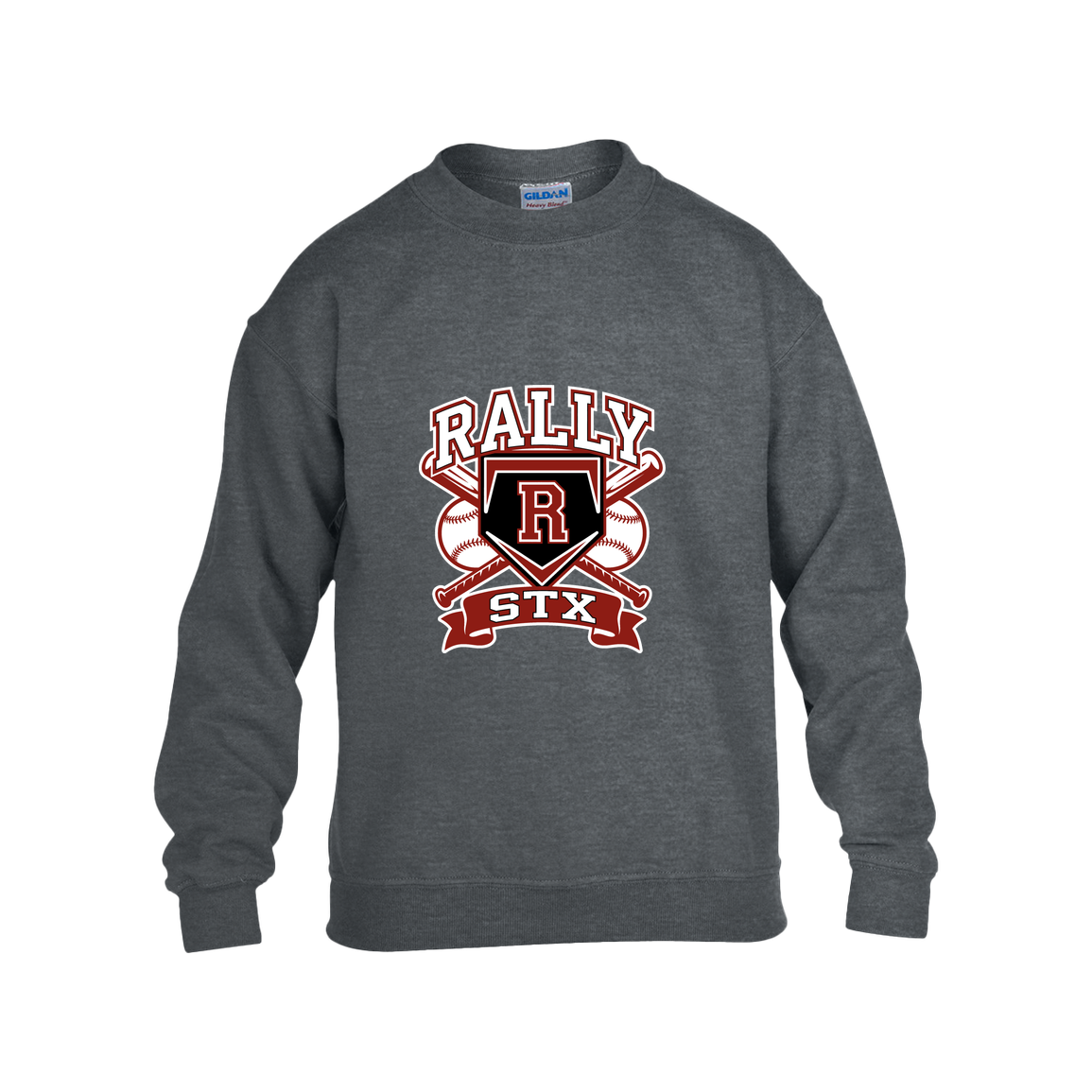 rally-stx-bold-mascot-gildan-kids-heavy-blend-fleece-crew — Dark Heather — Front — source sha256 8b70576c0774b530c701c416ab540e76500ad6cd86ef95dfb683bb427d9ae4aa — Color position 2