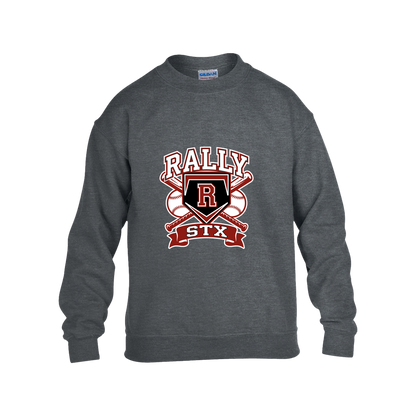 rally-stx-bold-mascot-gildan-kids-heavy-blend-fleece-crew — Dark Heather — Front — source sha256 8b70576c0774b530c701c416ab540e76500ad6cd86ef95dfb683bb427d9ae4aa — Color position 2