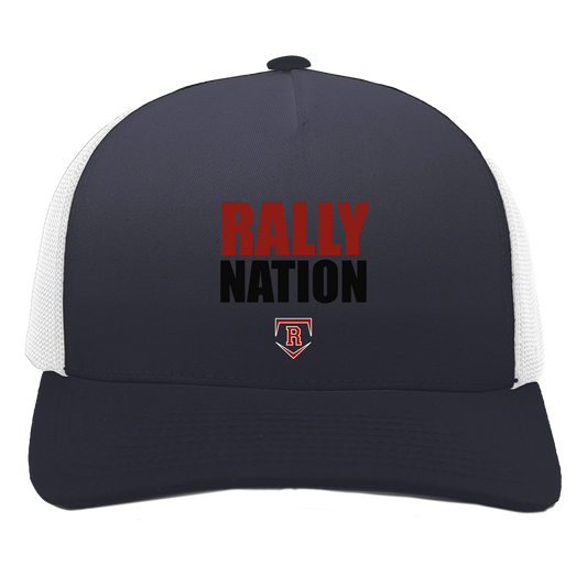 rally-stx-diamond-nation-pacific-headwear-5-panel-trucker-snapback-cap — Navy/White — Front — source sha256 e042ae78a6894bbdd88392676e1a1d62971cfa758b11284879d6e704c26312e9 — Color position 1