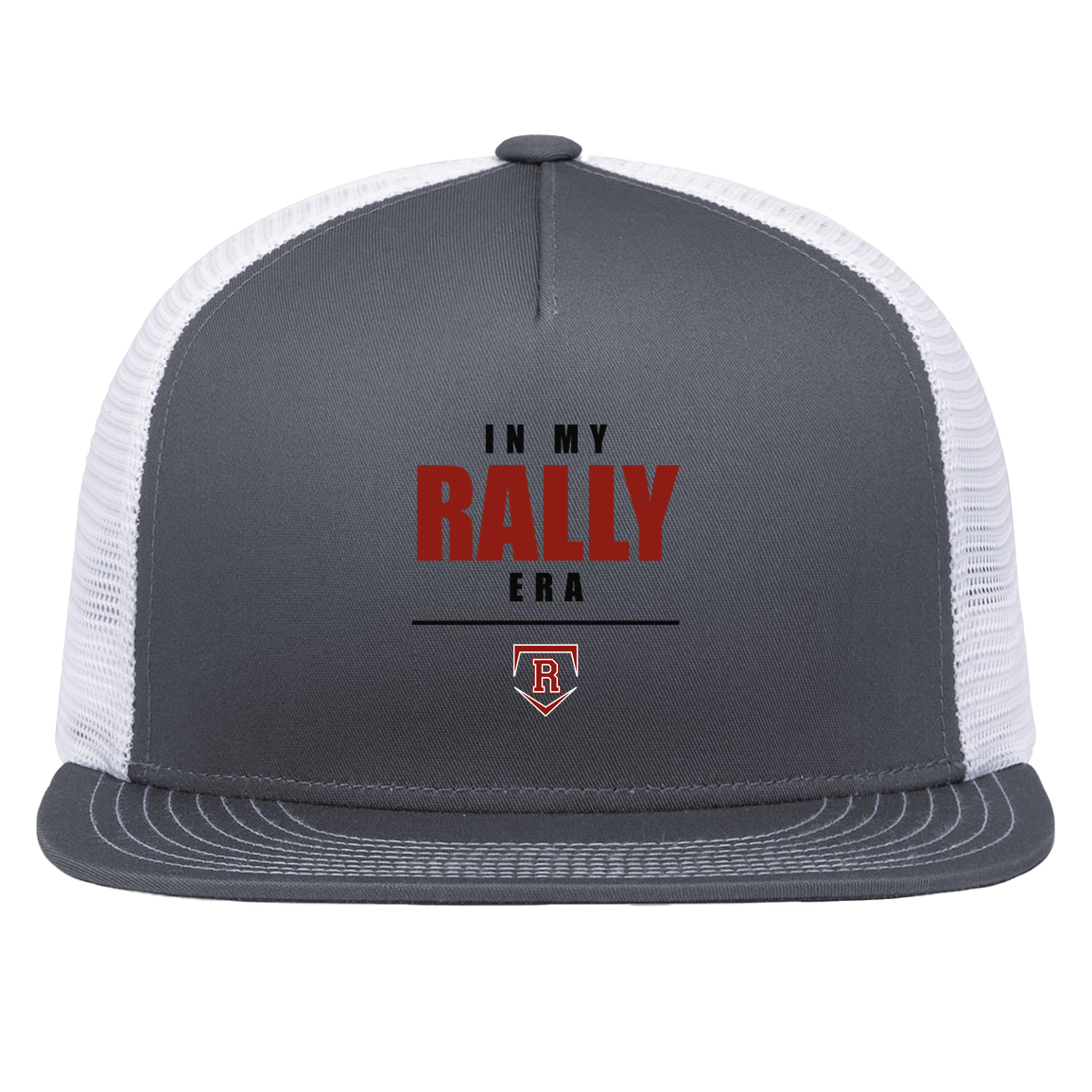 rally-stx-era-stack-pacific-headwear-d-series-5-panel-trucker-snapback-cap — Graphite/White — Front — source sha256 37eefa1bb78c32e2cf275d83358fd75c833deb9e1175d756b00556a6cbce262d — Color position 4