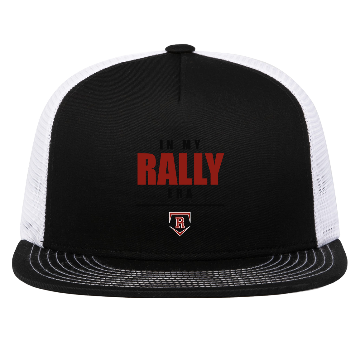 rally-stx-era-stack-pacific-headwear-d-series-5-panel-trucker-snapback-cap — Black/White — Front — source sha256 c88960e41b54abce2ac9710d3907bba525cf5f8a90cbd6f01a6fbce5ea87cc09 — Color position 2