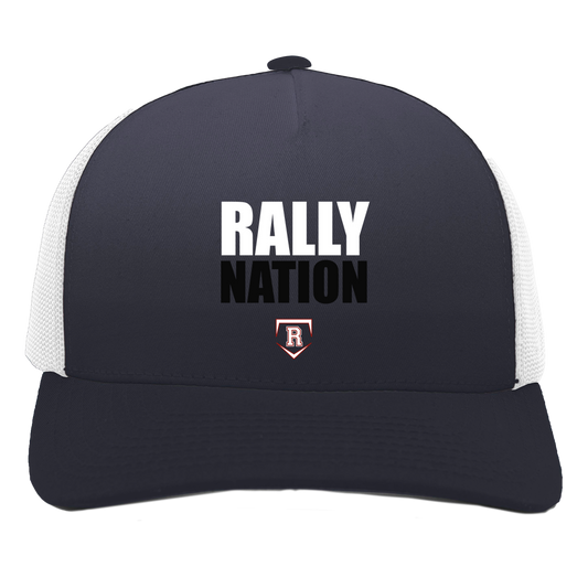 rally-stx-nation-stack-pacific-headwear-5-panel-trucker-snapback-cap — Navy/White — Front — source sha256 46f498eb1ea4806a63f6dfeb401c296e0ee19f6dea7f032e89e8370b148c0bac — Color position 1