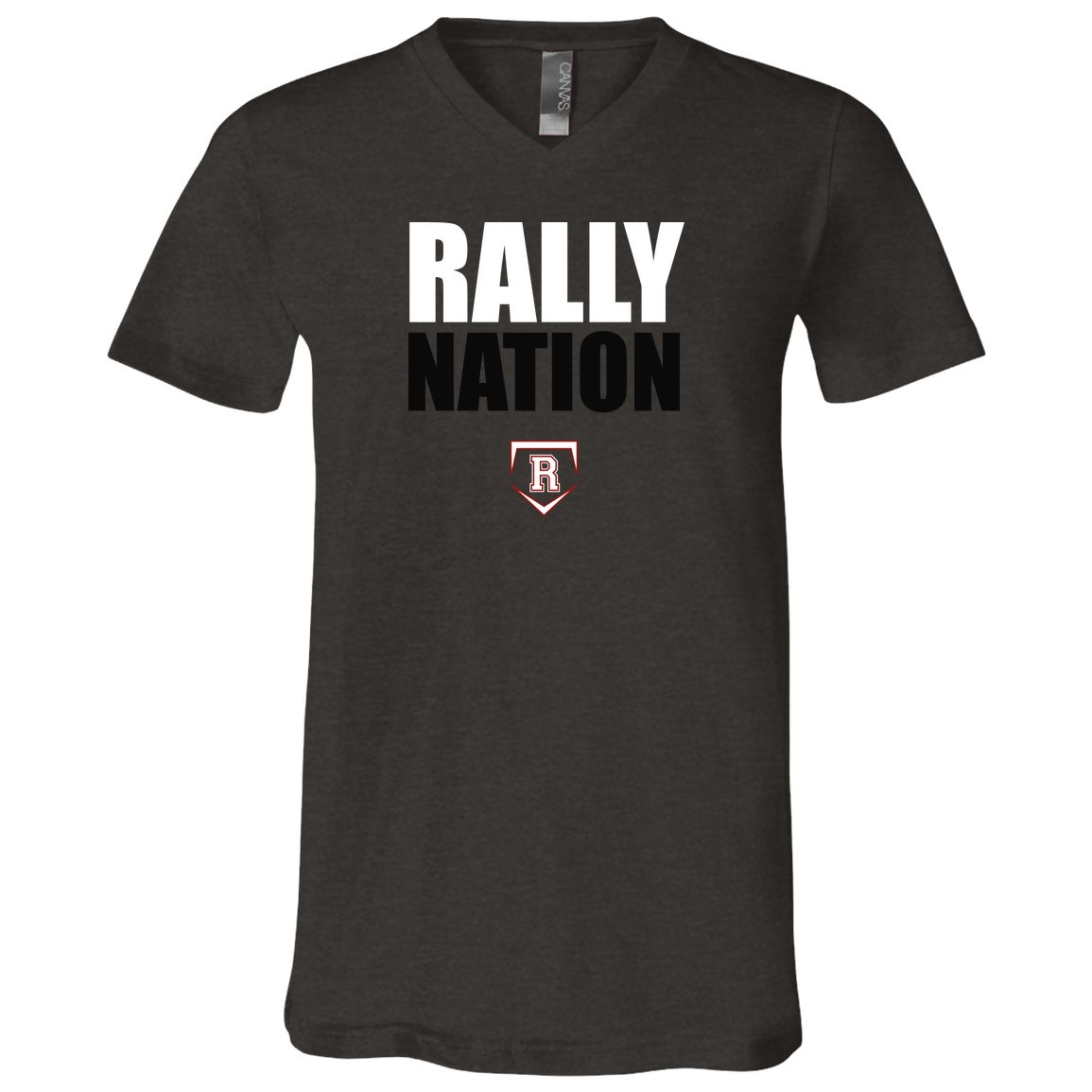 rally-stx-nation-stack-bella-canvas-unisex-jersey-ss-v-neck-t-shirt — Dark Grey Heather — Front — source sha256 e8090fc1402c8bd05119e998cbeb1a458c3a94da5f13b6ef9a8f3181a4d75e79 — Color position 3