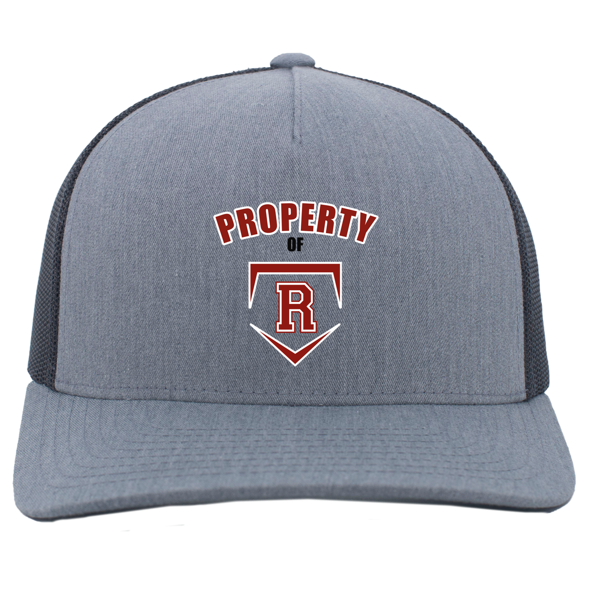 rally-stx-property-of-pacific-headwear-5-panel-trucker-snapback-cap — Heather Grey/Light Charcoal — Front — source sha256 8e8eea429dbb3bbb4f209a698523edca99b00b7c6a30d79999113497973da64e — Color position 2
