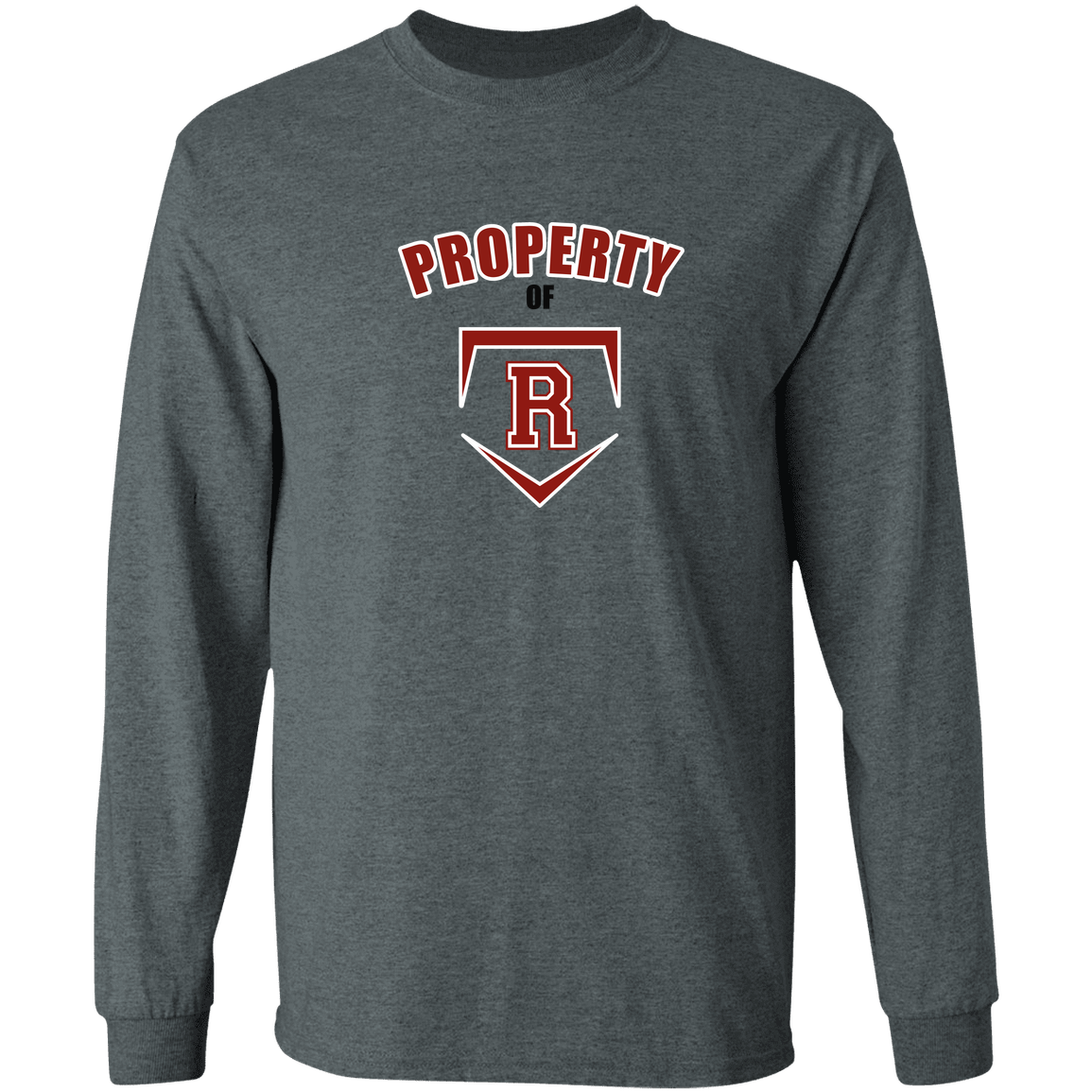 rally-stx-property-of-gildan-ls-t-shirt-5-3-oz — Dark Heather — Front — source sha256 a31cec908d895dd38f404486b6cea7e517f548a44f5483062e87d014b94ed64f — Color position 2
