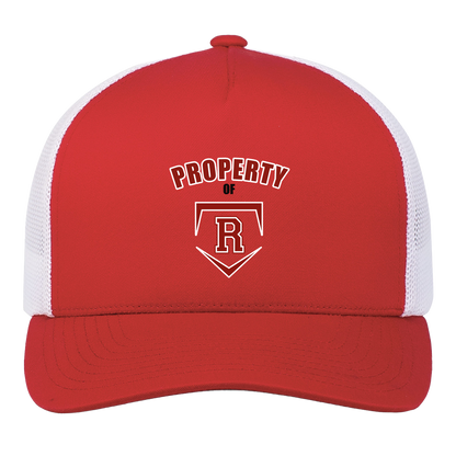 rally-stx-property-of-pacific-headwear-5-panel-trucker-snapback-cap — Red/White — Front — source sha256 af942382d7da443b03fb7adbf08e4e42c38d2e7586a60cdba7c2386f255191a8 — Color position 5