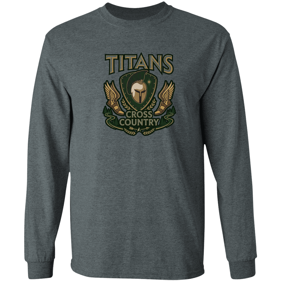 tc-titans-cross-country-insignia-gildan-ls-t-shirt-5-3-oz — Dark Heather — Front — source sha256 28d55925f88d58864881a884151bde0e987d3849ee74df3b0420ff086a64e1bb — Color position 2