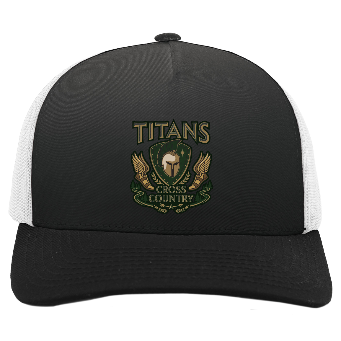 tc-titans-cross-country-insignia-pacific-headwear-5-panel-trucker-snapback-cap — Black/White — Front — source sha256 5aba7c0f137a661914bec4524c17817733ab10e6dd4ba90f5f1287cd59b46603 — Color position 4