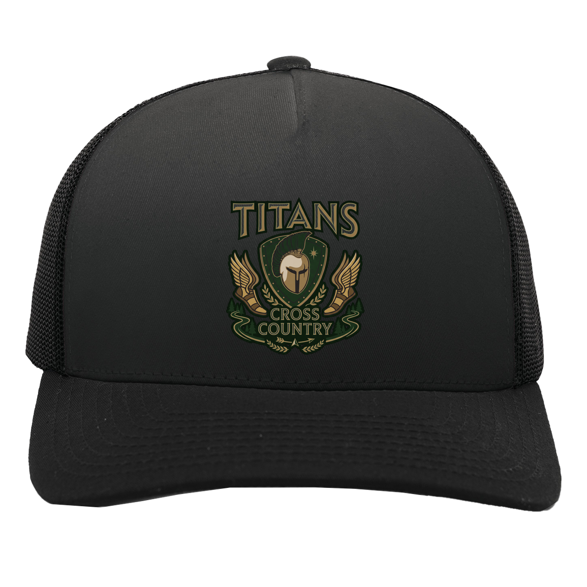 tc-titans-cross-country-insignia-pacific-headwear-5-panel-trucker-snapback-cap — Black/Black — Front — source sha256 5ac054a79252c0fec9f1ed530de1a8a6ed9d565f574e6ff78c2fcb31bd76bae1 — Color position 3