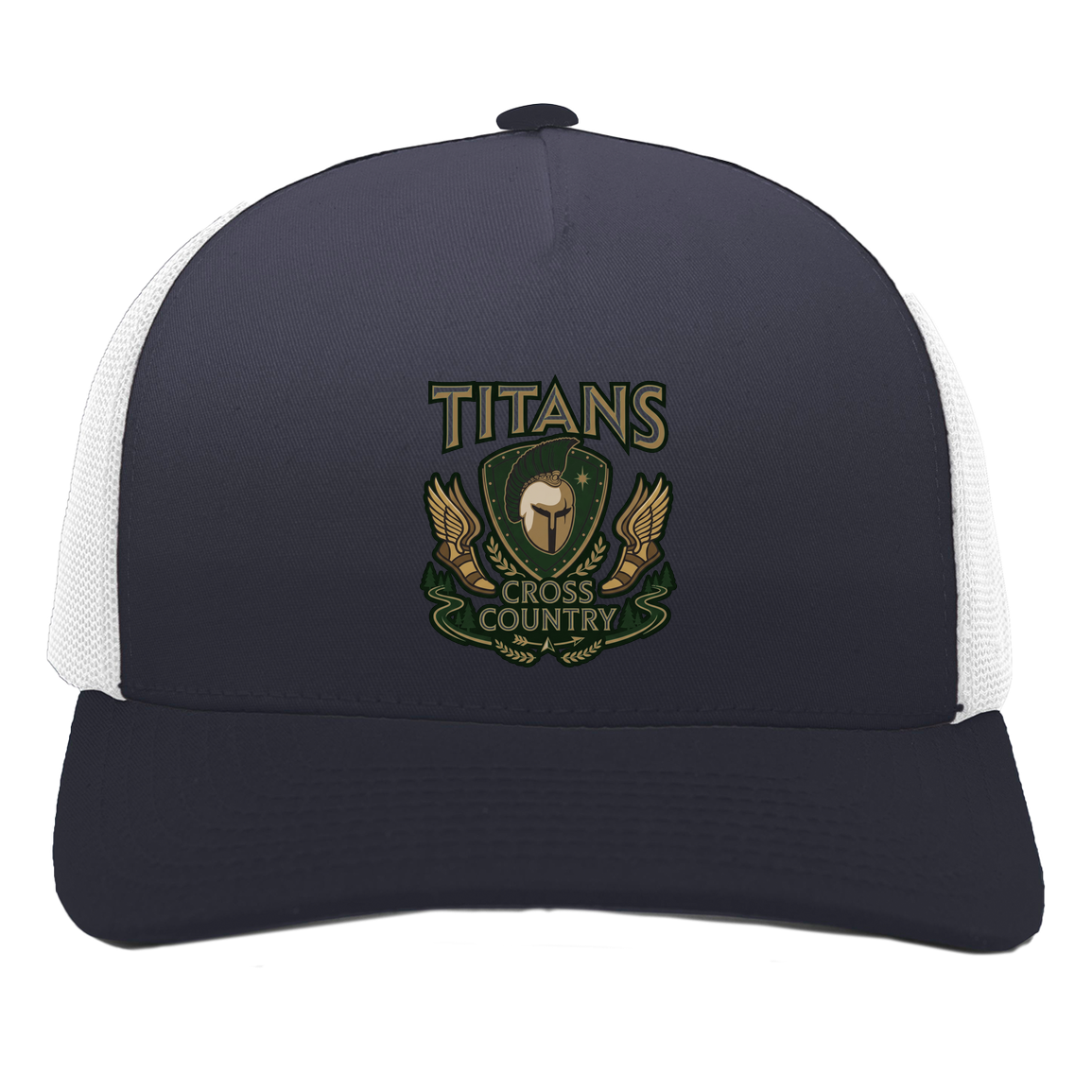tc-titans-cross-country-insignia-pacific-headwear-5-panel-trucker-snapback-cap — Navy/White — Front — source sha256 962dc9d0e19ba0e53e9348b4fd89156d4e2f61f08b237ab1a974e3e1b7d3a408 — Color position 1