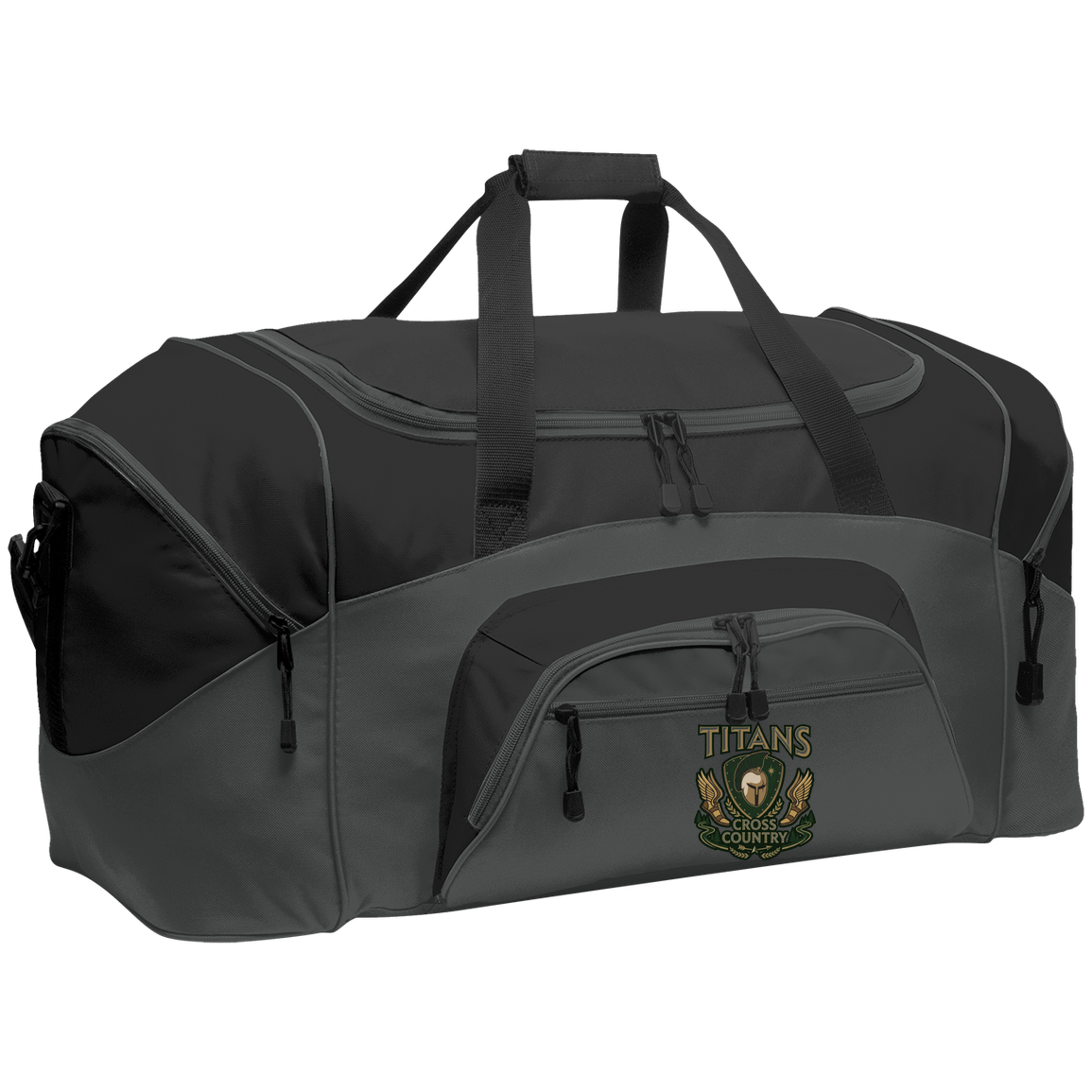 tc-titans-cross-country-insignia-port-company-sport-duffel — Dark Charcoal/Black — Front — source sha256 dcda958245f4855da613c2fe619b5a833f61e6d175d9eac1e0fa7b0d8a9f44ea — Color position 2