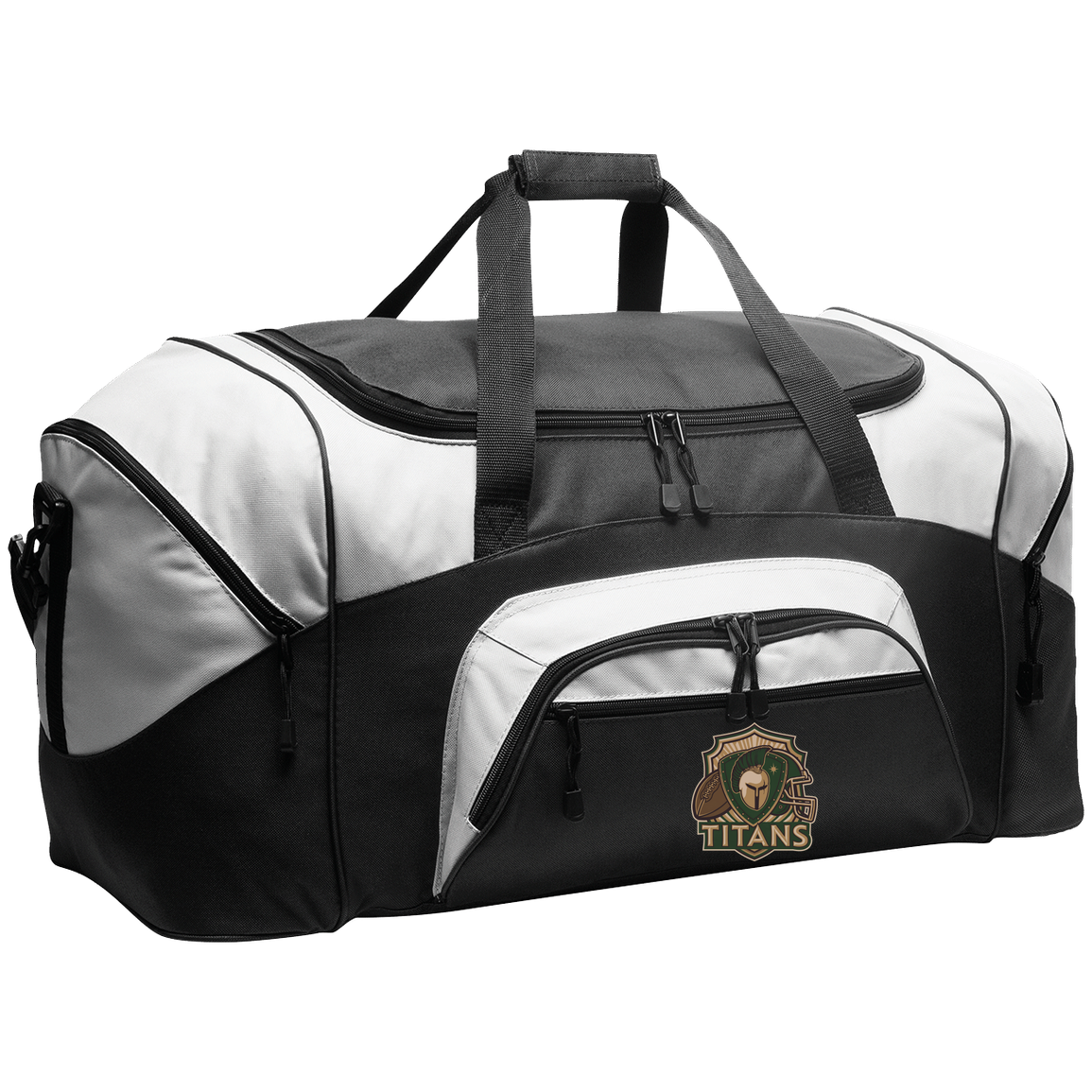 tc-titans-football-crest-v2-port-company-sport-duffel — Black/Gray — Front — source sha256 686407be61391ff2e3f5be3d2d24702a45bf33718e5fca8484a5d9e20ed4d8ac — Color position 1