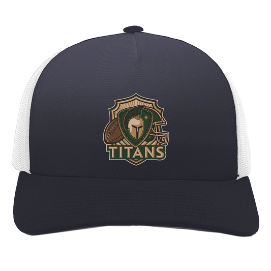 tc-titans-football-crest-v2-pacific-headwear-5-panel-trucker-snapback-cap — Navy/White — Front — source sha256 9710696fa3494984c2b26339c35df6463f197014f6b1e7c22118c18bb3a9b2c8 — Color position 1