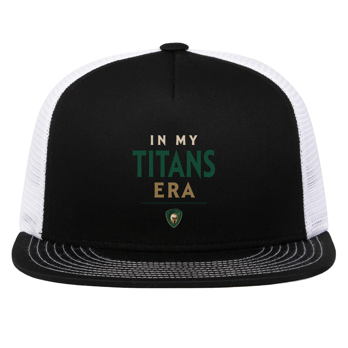 tc-titans-in-my-titans-era-pacific-headwear-d-series-5-panel-trucker-snapback-cap — Black/White — Front — source sha256 8a2cbad6059ecc6ad1e4bdedb4ef7e2842f951cd12332501b7bb838b8f76ba7f — Color position 2