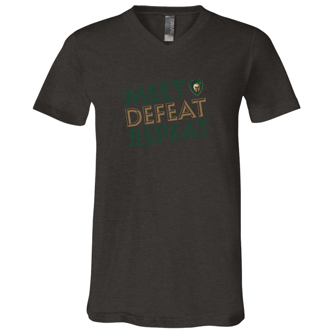 tc-titans-meet-defeat-repeat-bella-canvas-unisex-jersey-ss-v-neck-t-shirt — Dark Grey Heather — Front — source sha256 0333b0dafadaad51dc5bfff88736a40c8d46ef55b5862d3a95124ce86570c873 — Color position 3