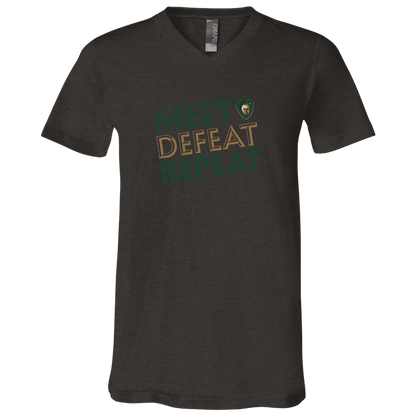 tc-titans-meet-defeat-repeat-bella-canvas-unisex-jersey-ss-v-neck-t-shirt — Dark Grey Heather — Front — source sha256 0333b0dafadaad51dc5bfff88736a40c8d46ef55b5862d3a95124ce86570c873 — Color position 3