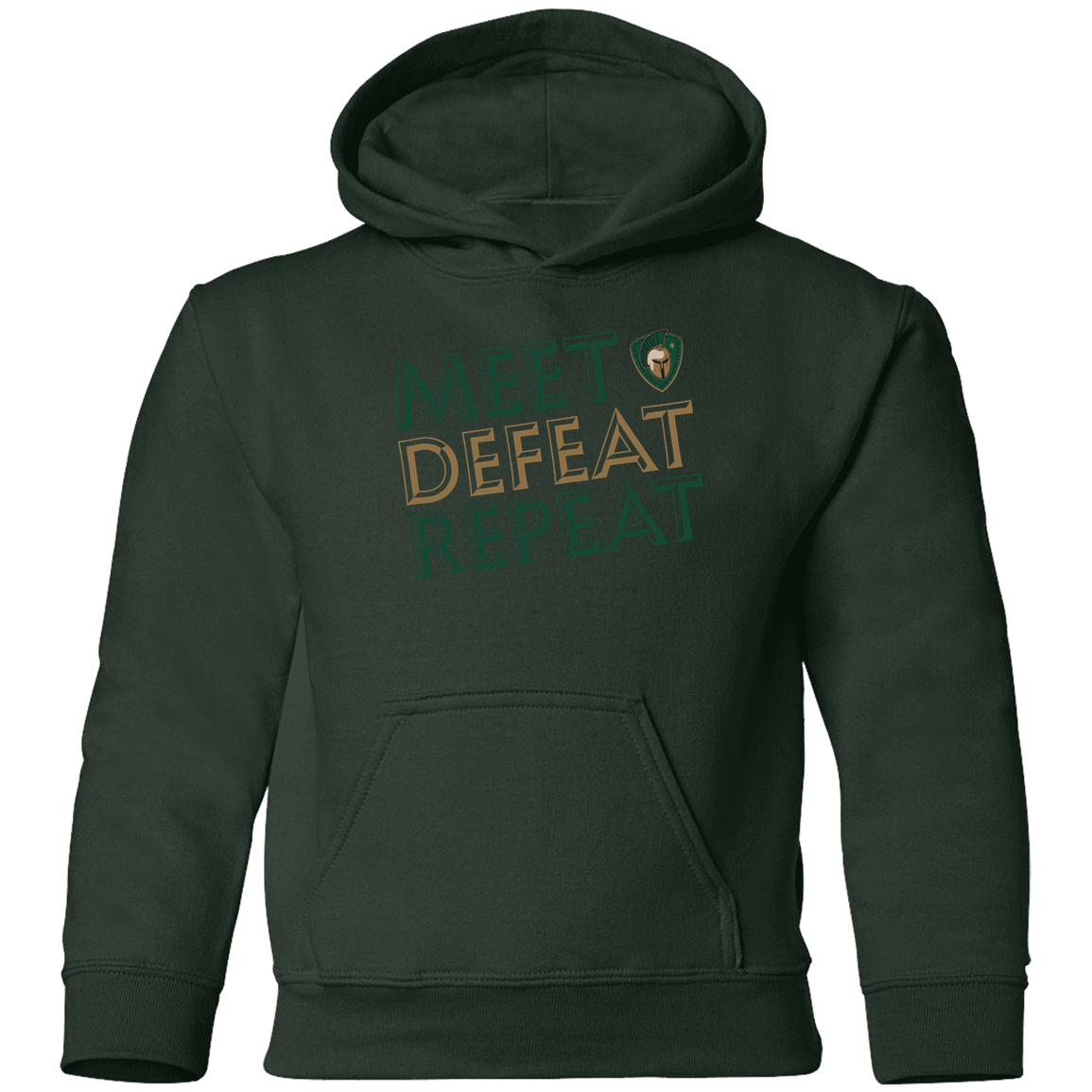 tc-titans-meet-defeat-repeat-gildan-youth-pullover-hoodie — Forest Green — Front — source sha256 18de01bab302c95b4b95ed03262bee941045e4289533a9d1c8ef8033f9aaf201 — Color position 5
