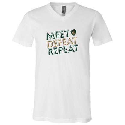 tc-titans-meet-defeat-repeat-bella-canvas-unisex-jersey-ss-v-neck-t-shirt — White — Front — source sha256 1952cb8176c9b5d8e89951b472d3a61f341c9c65e8bbbbbb480182e9f2803eac — Color position 1