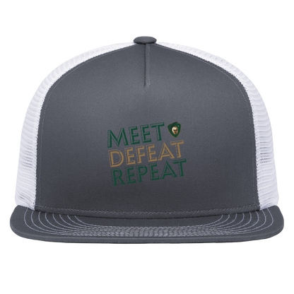 tc-titans-meet-defeat-repeat-pacific-headwear-d-series-5-panel-trucker-snapback-cap — Graphite/White — Front — source sha256 28e938e41d9a25c510b16ad65b0c1a1f980cd175b47efd2d23add6b551e4089a — Color position 4