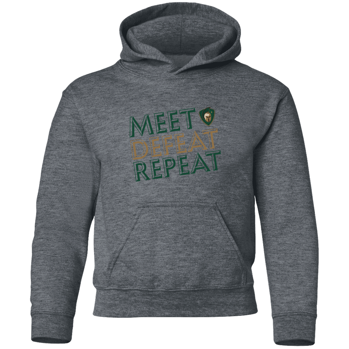 tc-titans-meet-defeat-repeat-gildan-youth-pullover-hoodie — Dark Heather — Front — source sha256 28efe31de53c24774a01b492b28f660e6580c3f3833fe770cccc610db68d9d0f — Color position 4