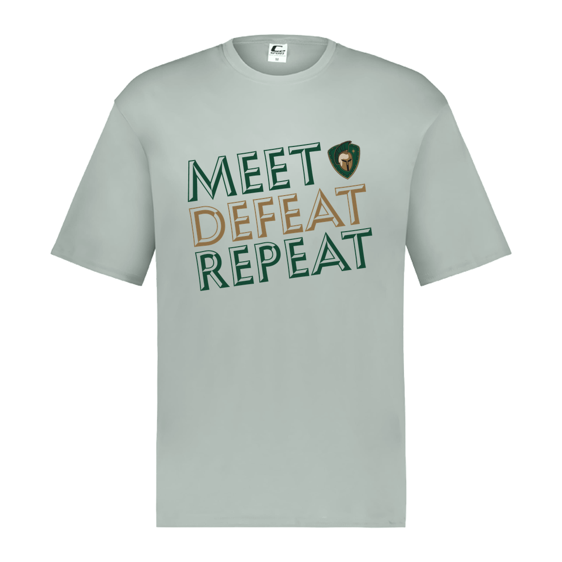 tc-titans-meet-defeat-repeat-c2-mens-performance-short-sleeve-tee — Silver — Front — source sha256 348805fbcee4656e2456189a6c559aec89178a166e0b5462b19a9c3eebc85391 — Color position 3