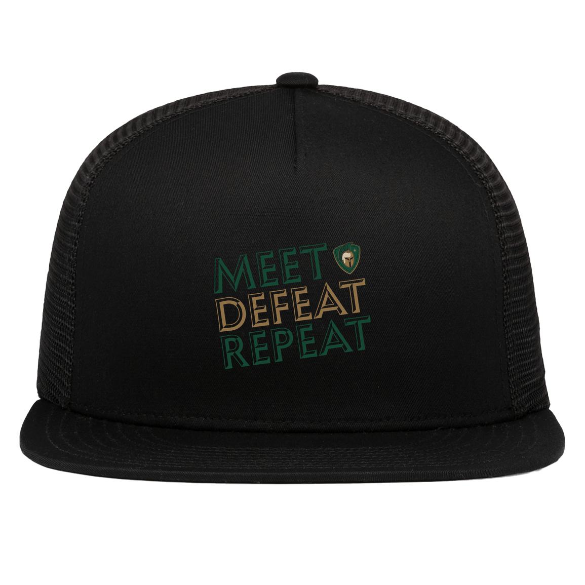 tc-titans-meet-defeat-repeat-pacific-headwear-d-series-5-panel-trucker-snapback-cap — Black — Front — source sha256 564356bad8a6c85f959cbb39d24b0cbdc91ff6ed6ad12b7611d70d9218c2872e — Color position 1