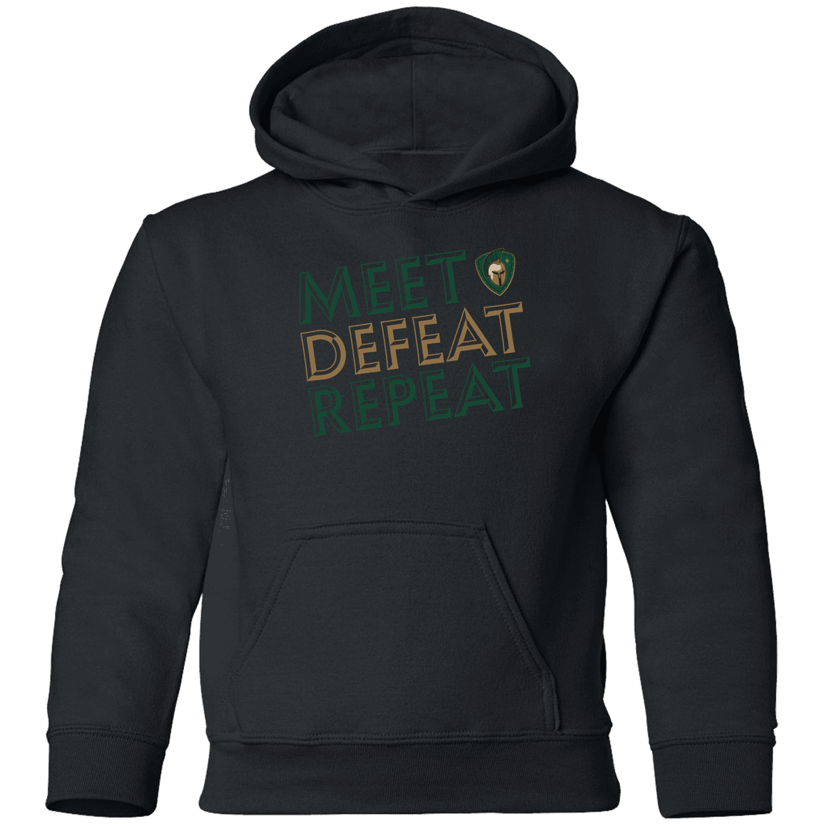 tc-titans-meet-defeat-repeat-gildan-youth-pullover-hoodie — Black — Front — source sha256 620c2d037ead27db36fdd615f6fc2318f9edbcfd0c8f8a6c3ebb5e5da65c439e — Color position 3