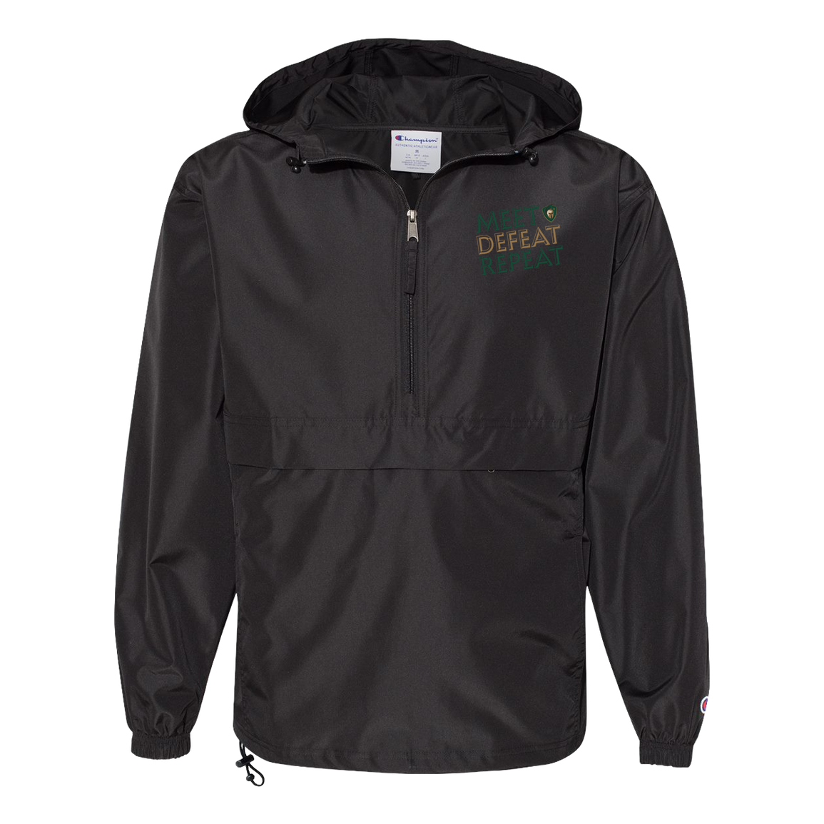 tc-titans-meet-defeat-repeat-champion-unisex-packable-anorak-jacket — Black — Front — source sha256 764e1be50a2892c6a2868694c356a168474840119978fa7330d6a33b677cad58 — Color position 1