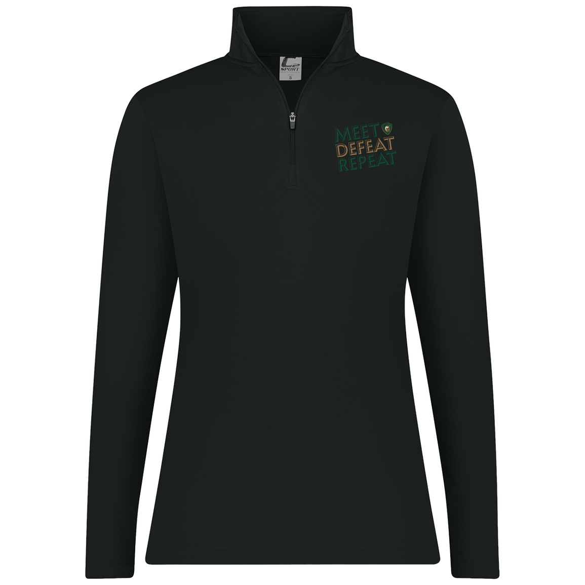 tc-titans-meet-defeat-repeat-c2-womens-1-4-zip-pullover — Black — Front — source sha256 8e9b0034942037df4e13edc26a0a26f8131529335b375b13073a8995767b8753 — Color position 1