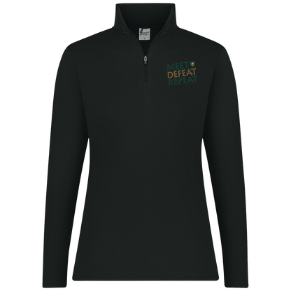 tc-titans-meet-defeat-repeat-c2-womens-1-4-zip-pullover — Black — Front — source sha256 8e9b0034942037df4e13edc26a0a26f8131529335b375b13073a8995767b8753 — Color position 1