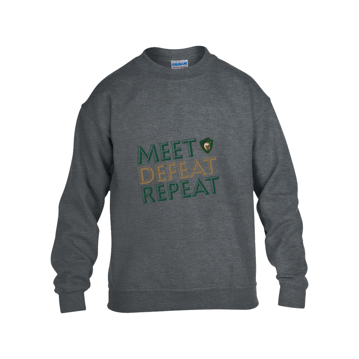 tc-titans-meet-defeat-repeat-gildan-kids-heavy-blend-fleece-crew — Dark Heather — Front — source sha256 95d1095f78708c32aaa04e1326266d1bb07bd15401fbf42a451e24d6812d1076 — Color position 2