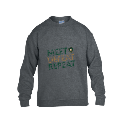tc-titans-meet-defeat-repeat-gildan-kids-heavy-blend-fleece-crew — Dark Heather — Front — source sha256 95d1095f78708c32aaa04e1326266d1bb07bd15401fbf42a451e24d6812d1076 — Color position 2