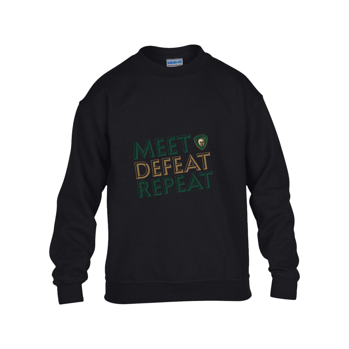tc-titans-meet-defeat-repeat-gildan-kids-heavy-blend-fleece-crew — Black — Front — source sha256 a1f75354bc4aa90d53e8a86bd73b6b68ac59204483c28b9503906a71a0e35c1b — Color position 1