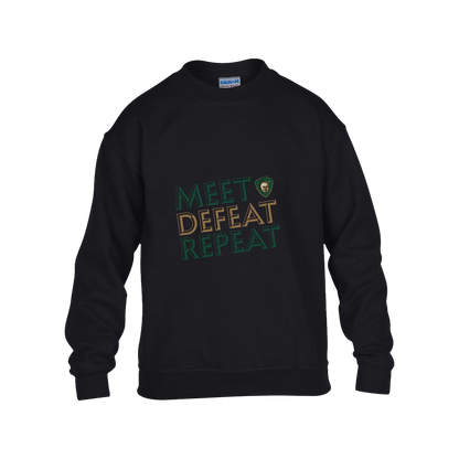 tc-titans-meet-defeat-repeat-gildan-kids-heavy-blend-fleece-crew — Black — Front — source sha256 a1f75354bc4aa90d53e8a86bd73b6b68ac59204483c28b9503906a71a0e35c1b — Color position 1