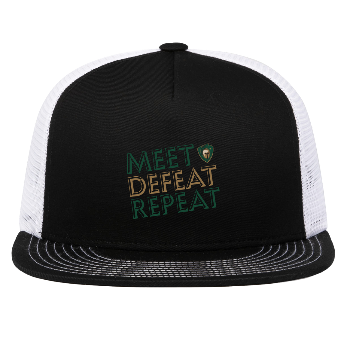 tc-titans-meet-defeat-repeat-pacific-headwear-d-series-5-panel-trucker-snapback-cap — Black/White — Front — source sha256 a4d272454b585e177fdc359086d3a1487f10f9057ab86927eead0ae5bf85f716 — Color position 2