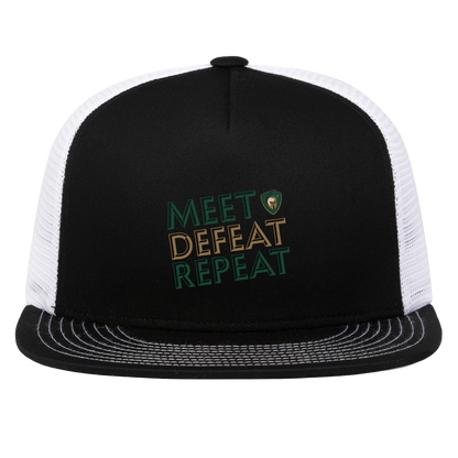 tc-titans-meet-defeat-repeat-pacific-headwear-d-series-5-panel-trucker-snapback-cap — Black/White — Front — source sha256 a4d272454b585e177fdc359086d3a1487f10f9057ab86927eead0ae5bf85f716 — Color position 2