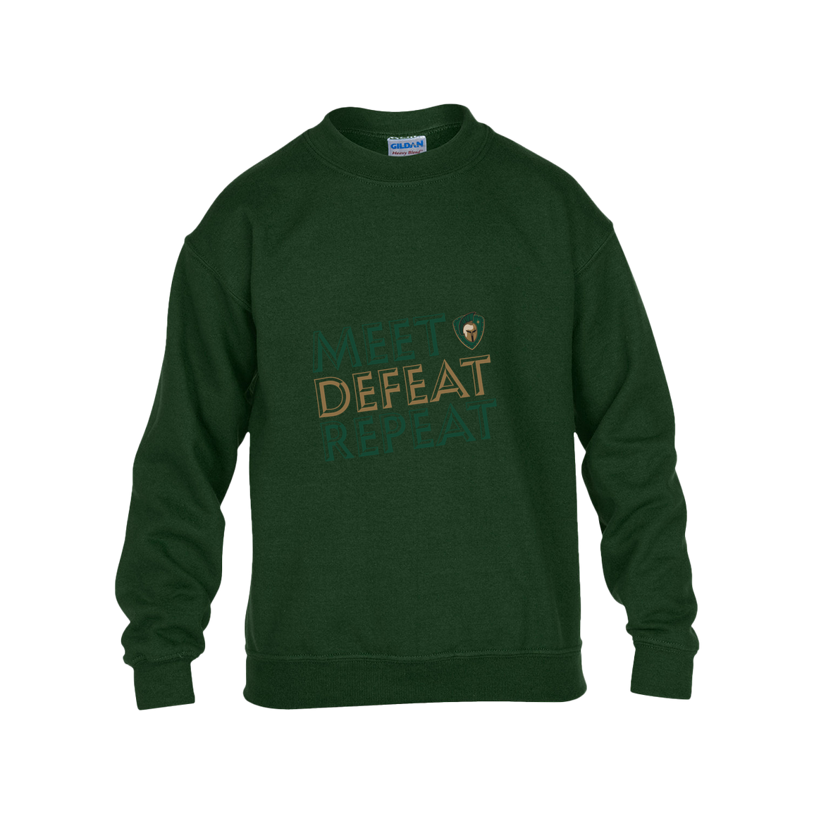 tc-titans-meet-defeat-repeat-gildan-kids-heavy-blend-fleece-crew — Forest Green — Front — source sha256 b91a57625375713c9996251ad2c1b3a3c1629821421567daa5df78df59d1af91 — Color position 5