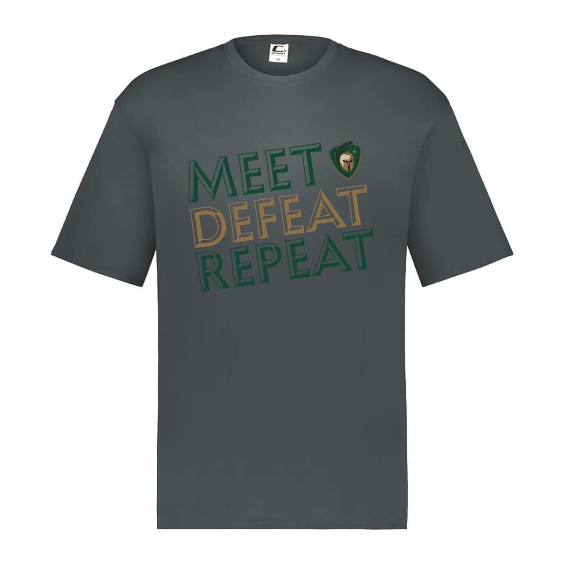 tc-titans-meet-defeat-repeat-c2-mens-performance-short-sleeve-tee — Graphite — Front — source sha256 e522f305afbfcf793a8a6b573b5527852ce317c3c74494bd191ee655b1893100 — Color position 2
