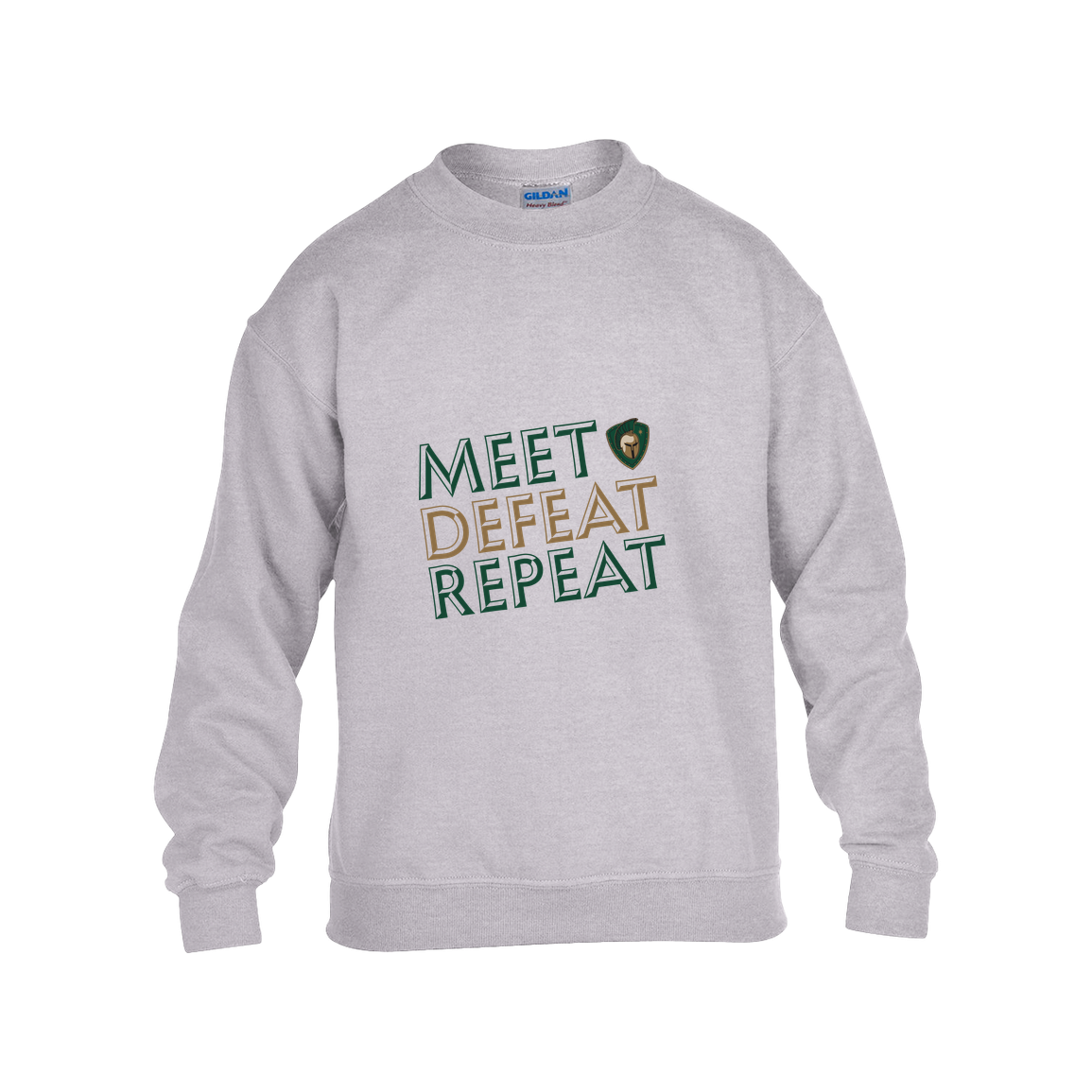tc-titans-meet-defeat-repeat-gildan-kids-heavy-blend-fleece-crew — Grey — Front — source sha256 e97b45a16a36c51c89dcf7e738b9fa78cb7fe384ec03ff0e983552401d110179 — Color position 3