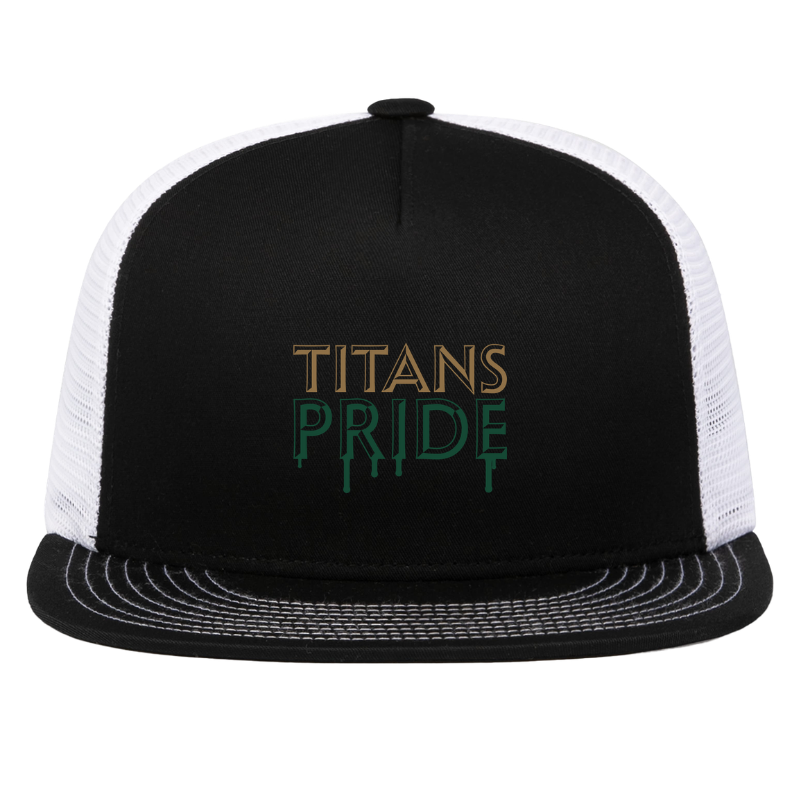 tc-titans-pride-drip-pacific-headwear-d-series-5-panel-trucker-snapback-cap — Black/White — Front — source sha256 c9d6e92da4389ee2d87e6011c1398ce0351fd702e8c31161645fe74e443a54e3 — Color position 2
