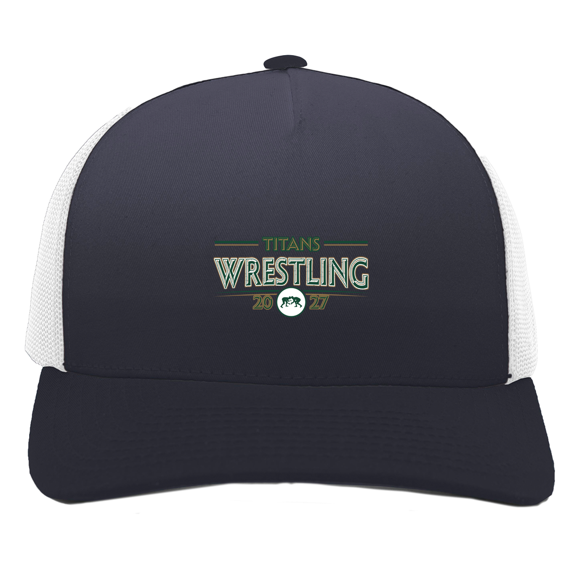 tc-titans-retro-takedown-pacific-headwear-5-panel-trucker-snapback-cap — Navy/White — Front — source sha256 62f23f53fbfca0c3a23d265718413faaad9572f7e004f6941761970f2db97b56 — Color position 1