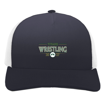 tc-titans-retro-takedown-pacific-headwear-5-panel-trucker-snapback-cap — Navy/White — Front — source sha256 62f23f53fbfca0c3a23d265718413faaad9572f7e004f6941761970f2db97b56 — Color position 1