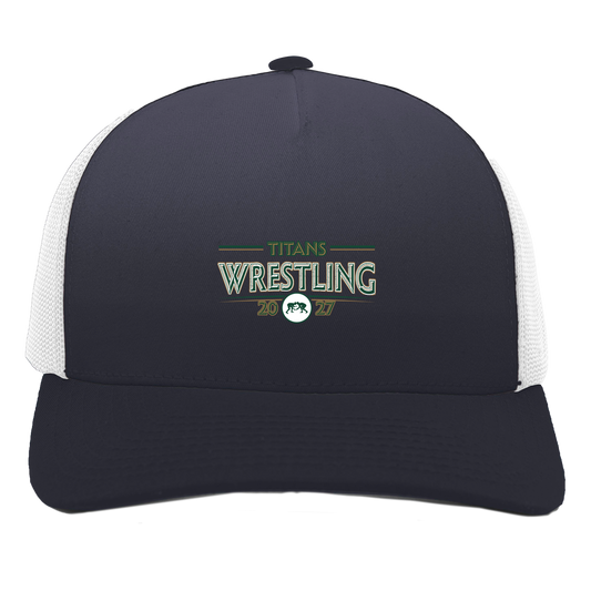 tc-titans-retro-takedown-pacific-headwear-5-panel-trucker-snapback-cap — Navy/White — Front — source sha256 62f23f53fbfca0c3a23d265718413faaad9572f7e004f6941761970f2db97b56 — Color position 1