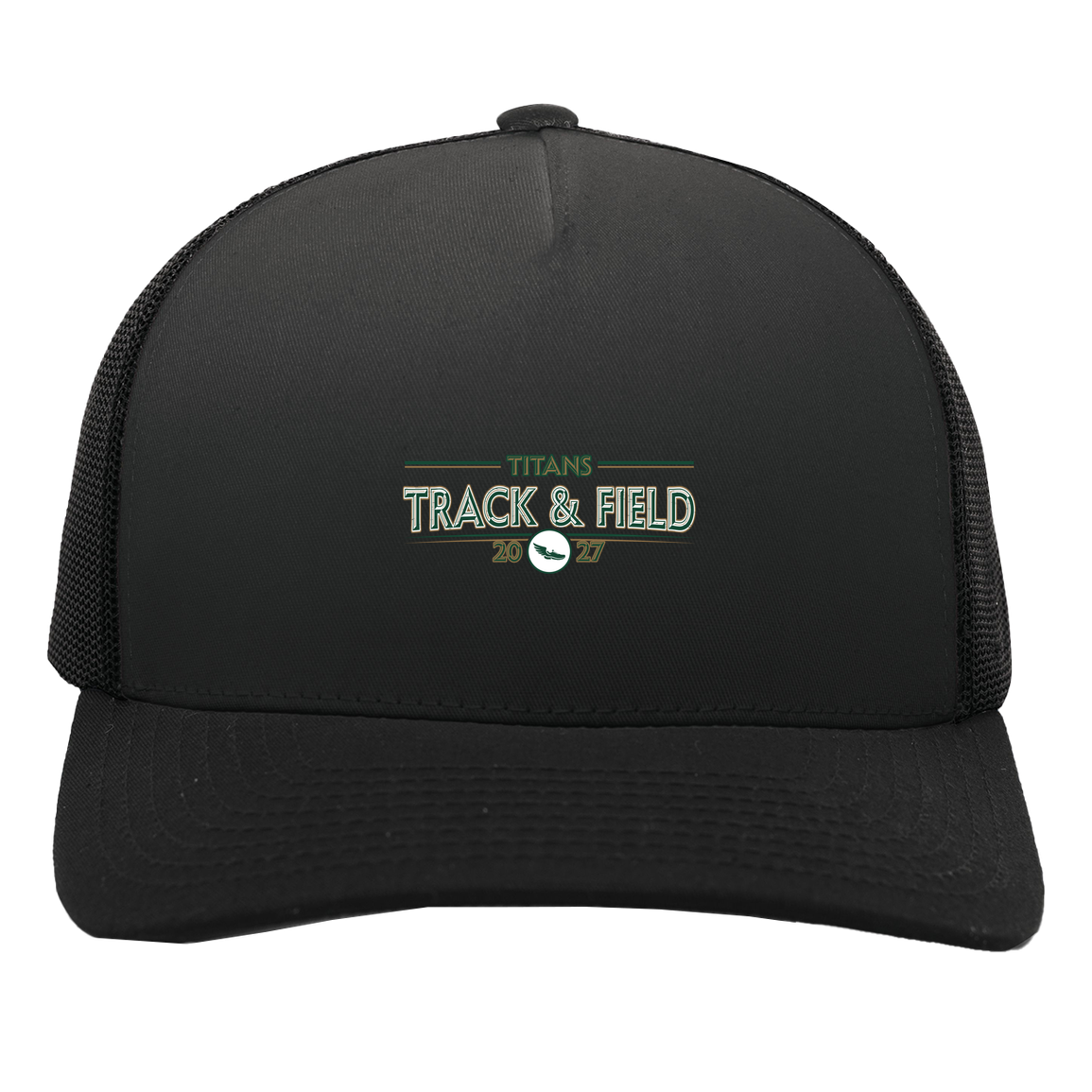 tc-titans-retro-winged-foot-pacific-headwear-5-panel-trucker-snapback-cap — Black/Black — Front — source sha256 86dde0100a0c3db8417e6b60514f7b06c7e9483f665e1c0514cabe2658a94079 — Color position 3