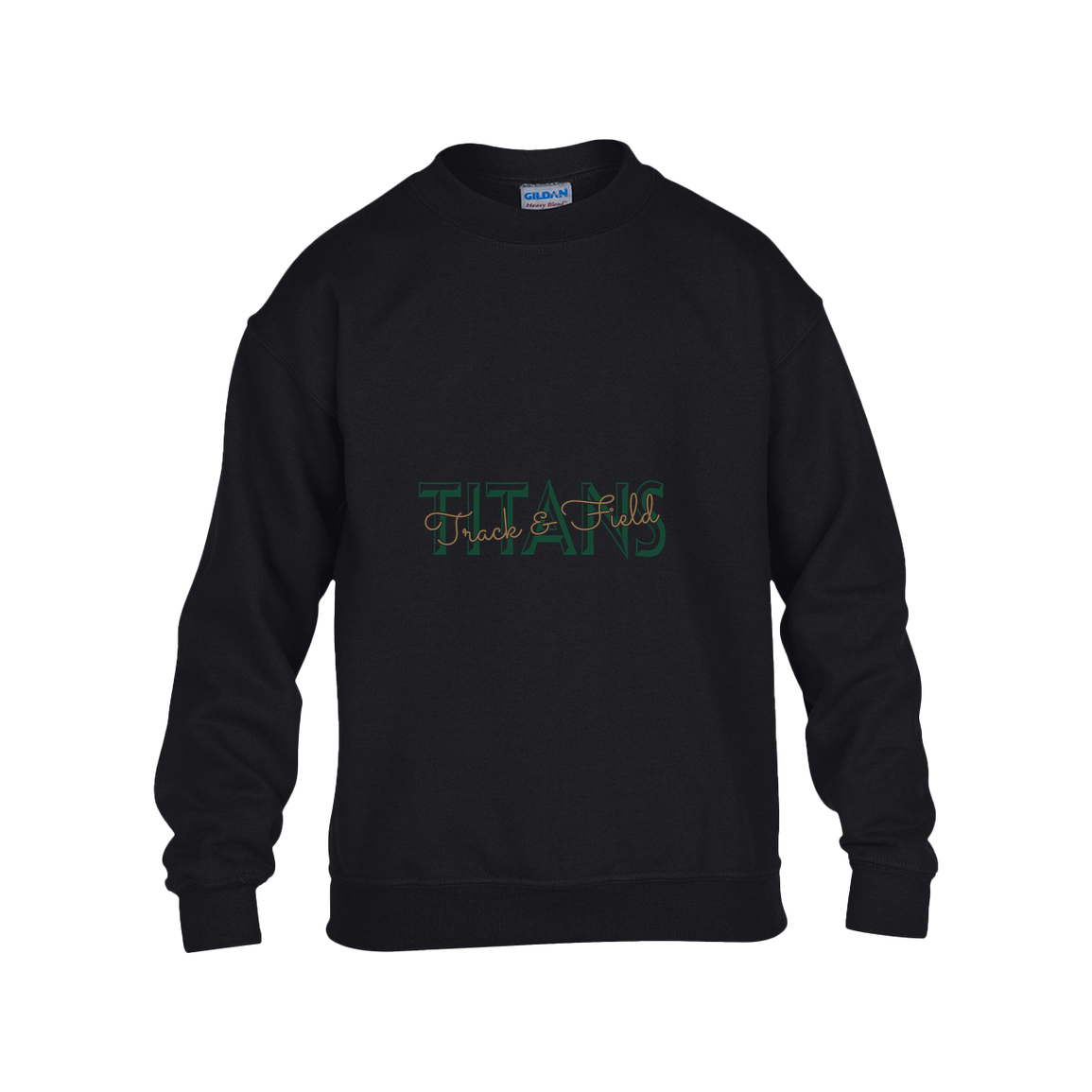 tc-titans-script-overlay-gildan-kids-heavy-blend-fleece-crew — Black — Front — source sha256 0eb2a6371b7fa7564c72bf2035e2238d24fcc7c1f1789e14be4a66f761696d4c — Color position 1