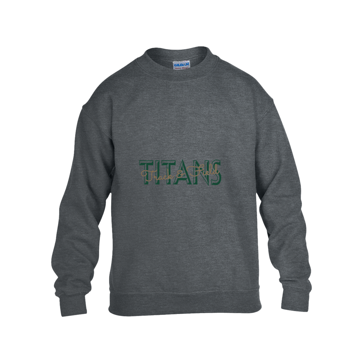 tc-titans-script-overlay-gildan-kids-heavy-blend-fleece-crew — Dark Heather — Front — source sha256 b0637beeee4b3aae681d1c472f949564a4f941da71439473ddec81dfbb8be3ec — Color position 2