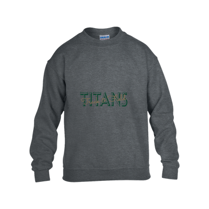 tc-titans-script-overlay-gildan-kids-heavy-blend-fleece-crew — Dark Heather — Front — source sha256 b0637beeee4b3aae681d1c472f949564a4f941da71439473ddec81dfbb8be3ec — Color position 2