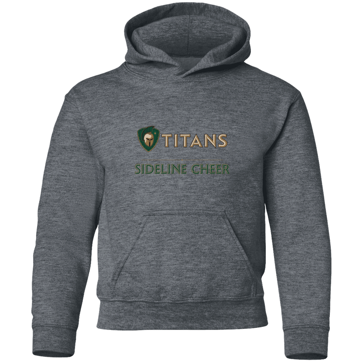 tc-titans-sideline-cheer-basic-gildan-youth-pullover-hoodie — Dark Heather — Front — source sha256 038ba27f0fbebe0ddc8bec1b1b82b02bad21eea8d4272f4a6c98f0114d0a0088 — Color position 4