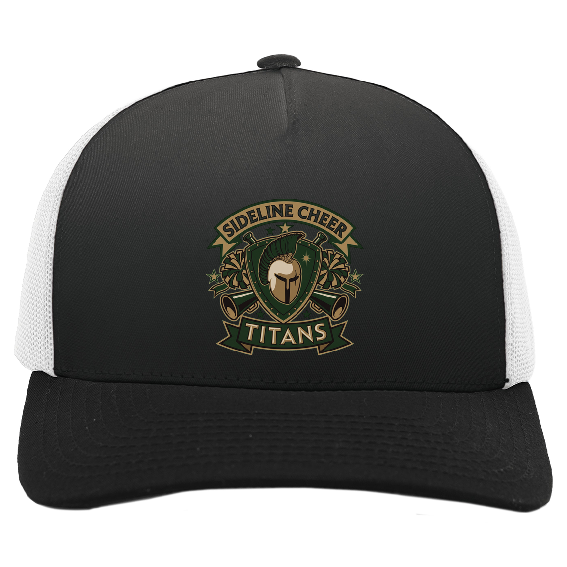 tc-titans-sideline-cheer-insignia-pacific-headwear-5-panel-trucker-snapback-cap — Black/White — Front — source sha256 0062c31ec5964e2ce906f2f92d5456caa7b853a8b8ca4e93ec65704b33027164 — Color position 4